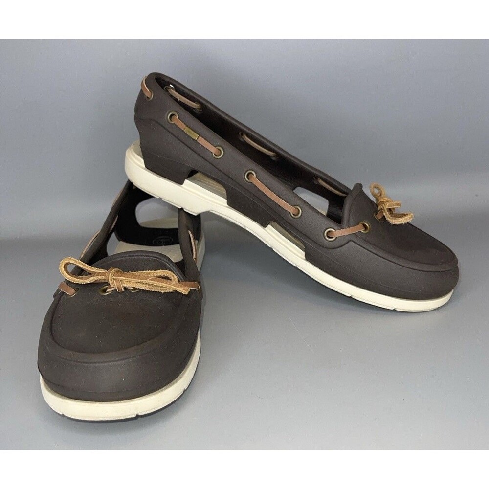 Crocs Beach Line Boat Shoe Loafer Womens 9 Brown Slip On Leather Lace Comfort